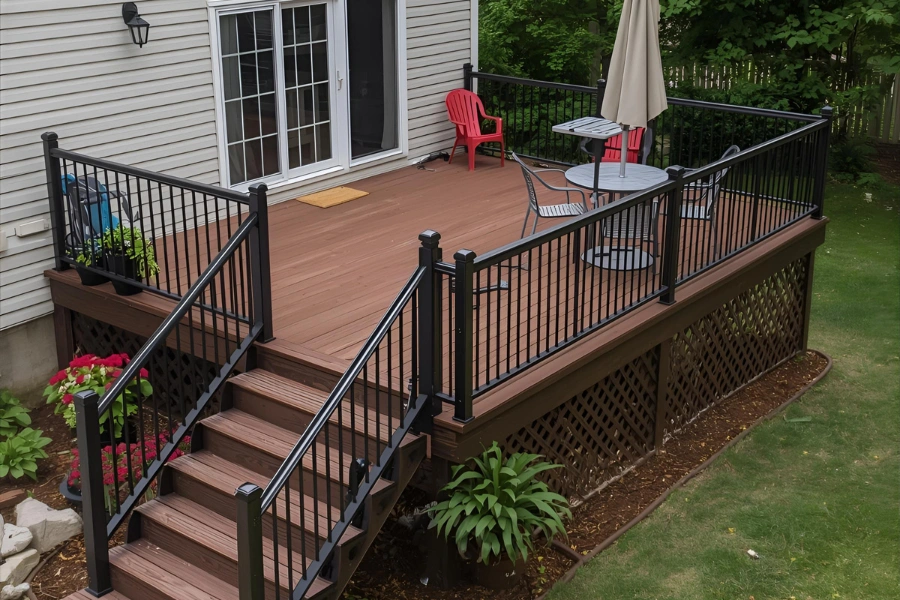 Expert deck builders inspecting the structural integrity and leveling of a rooftop floating deck installation
