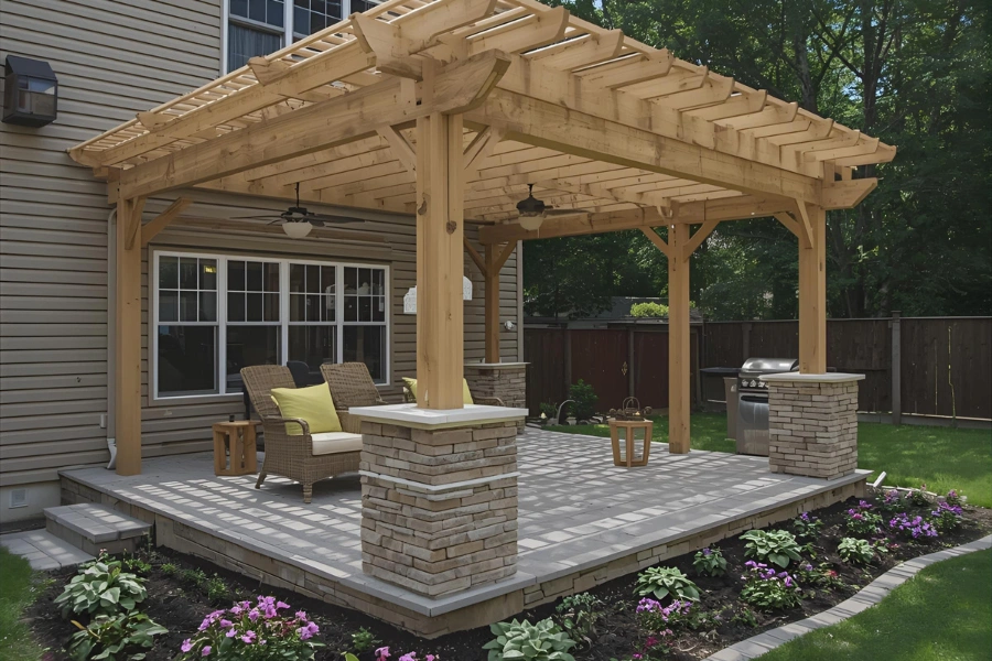 Custom multi-level floating deck featuring code-compliant safety railings and integrated seating in Waukesha, Wisconsin.