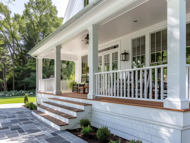 Integrated covered porch and composite deck combination providing versatile outdoor living space for a Waukesha home.