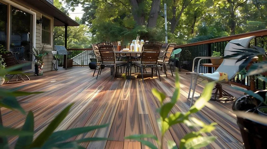 Seamless integration of a custom deck and a paver patio creating a multi-level outdoor living environment