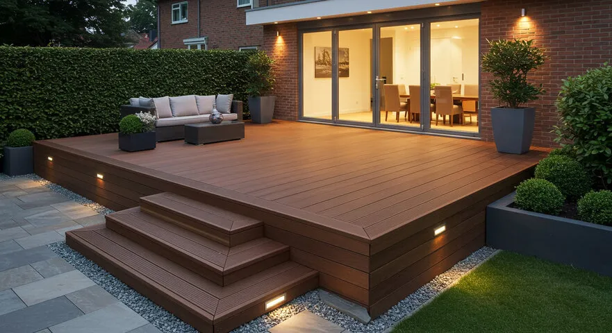 Professional floating deck installation using moisture-resistant joists and precise framing for a Waukesha residential property.