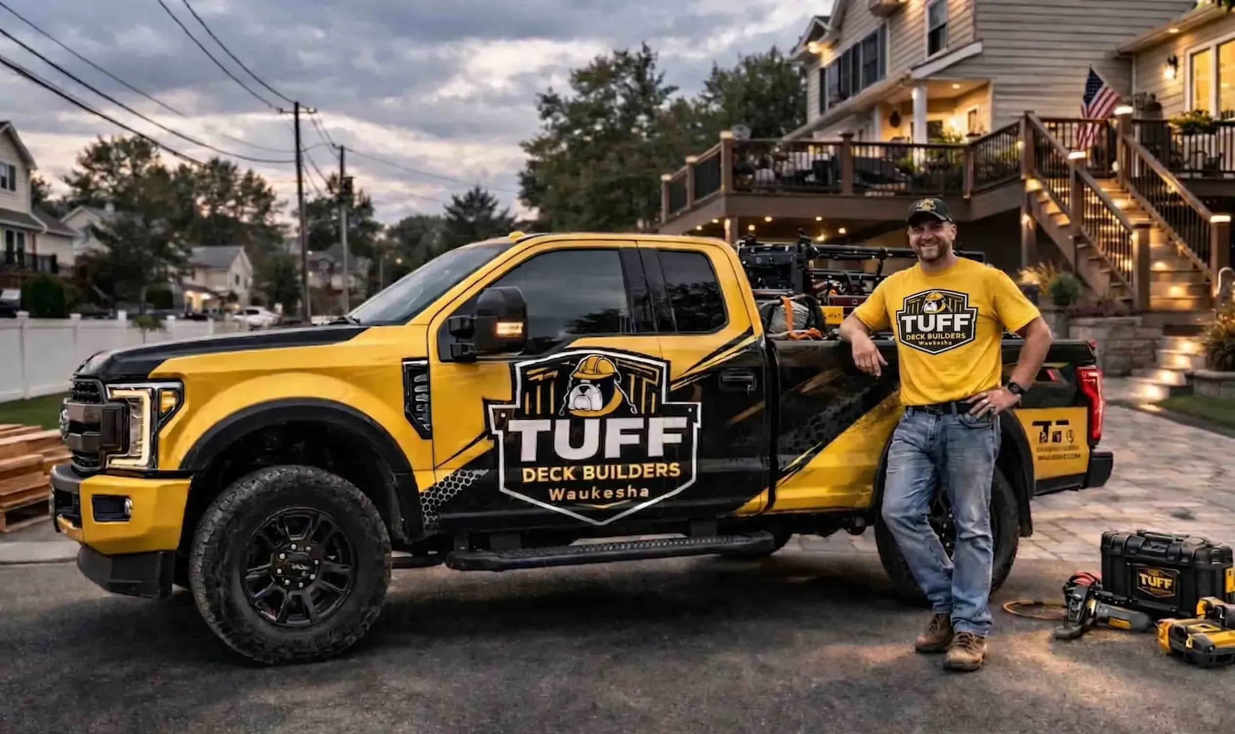 Expert custom deck builders in Waukesha, WI - Tuff Deck Builders contractor and branded truck.
